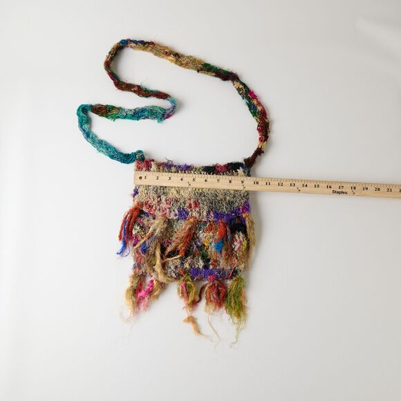 Y2K Vtg Handcrafted Boho Knitted Sling Bag Multicolor Crossbody Hippie Indie - Picture 4 of 8